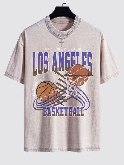 Los Angeles Basketball Print Washed Drop Shoulder Oversize T-Shirt