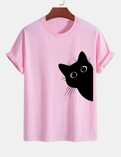 Regular Fit Black Cat Looking Out Print Cotton T-Shirt
