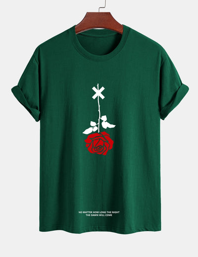 Regular Fit Inverted Rose Slogan Print Cotton T-Shirt