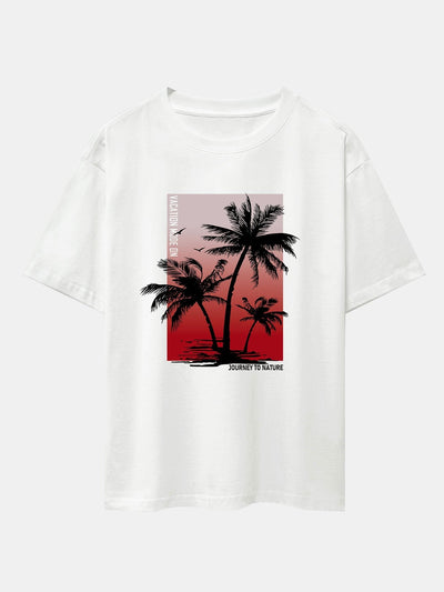 Palm Tree Red Background Print Oversize T-Shirt