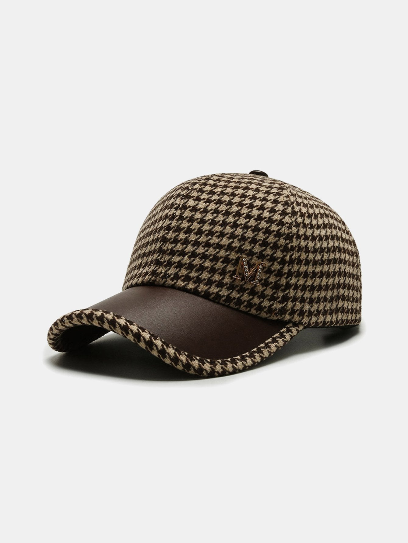 Vintage Houndstooth M Letter Woolen Fabric Baseball Cap