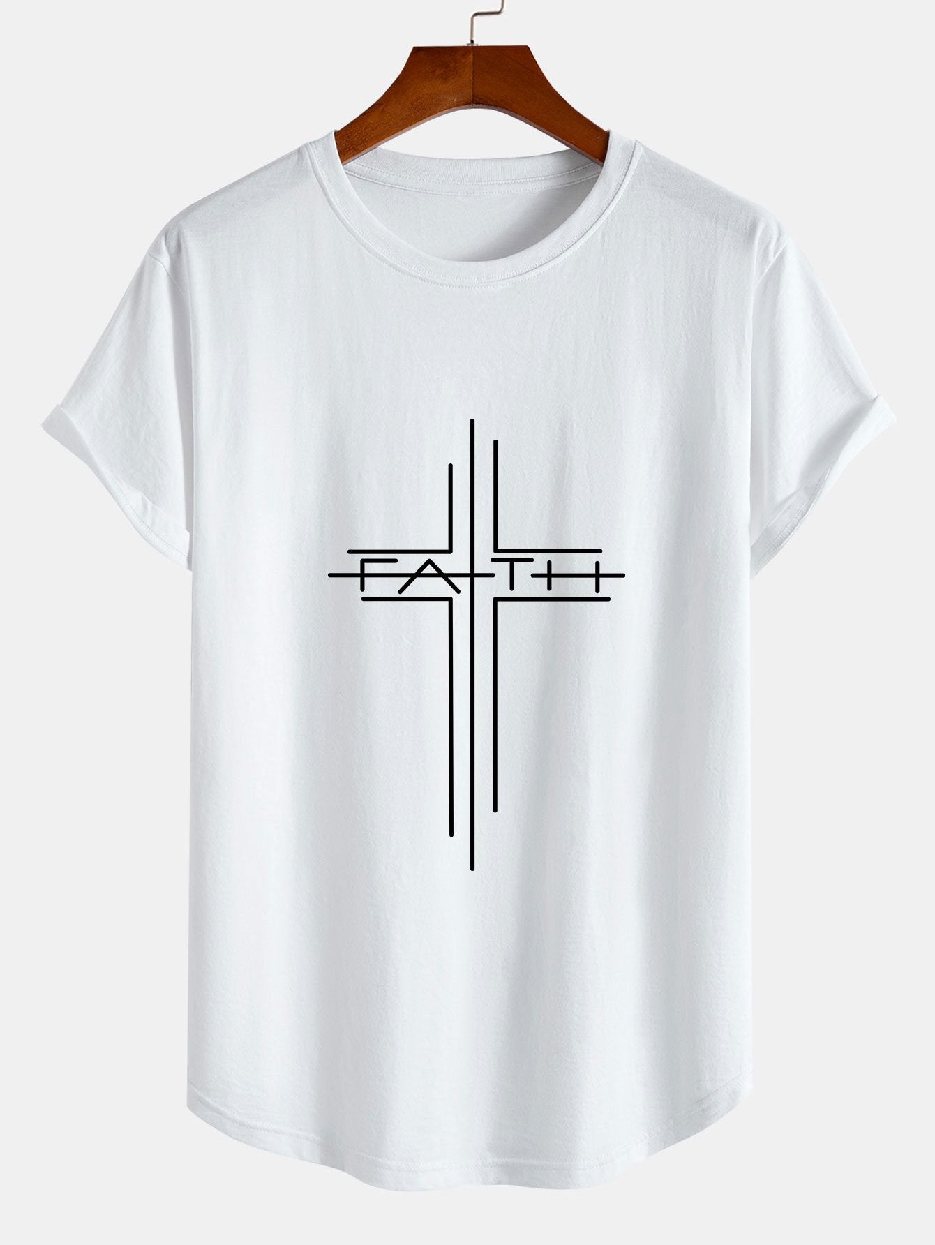 Faith Crucifix Line Print Cotton Arc Hem T-Shirt