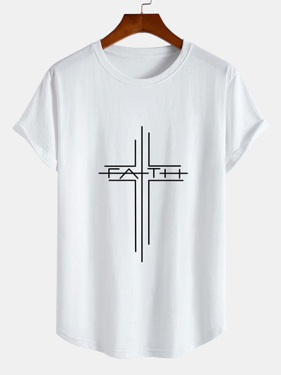 Faith Crucifix Line Print Cotton Arc Hem T-Shirt