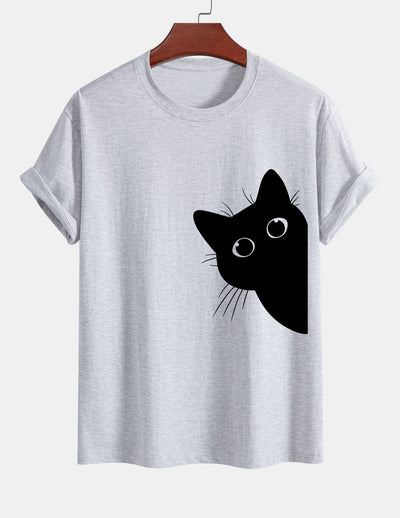 Regular Fit Black Cat Looking Out Print Cotton T-Shirt