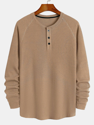 3 Pieces Long Sleeve Arc Hem Waffle Henley Shirt