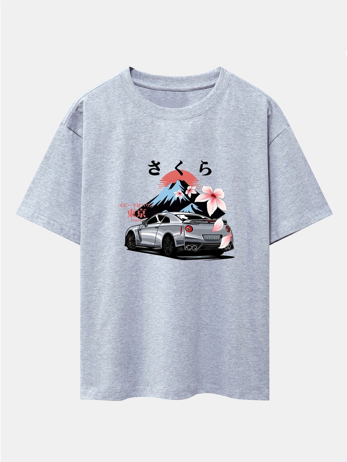 Tokyo Cherry Blossoms Car Print Drop Shoulder Oversize T-Shirt