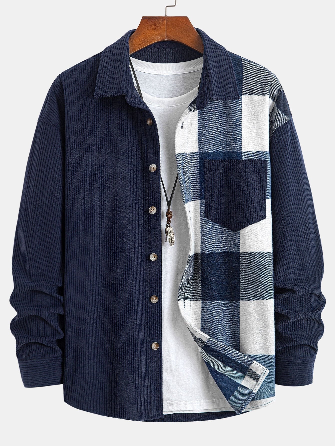 Relax Fit Corduroy Plaid Patchwork Shirt