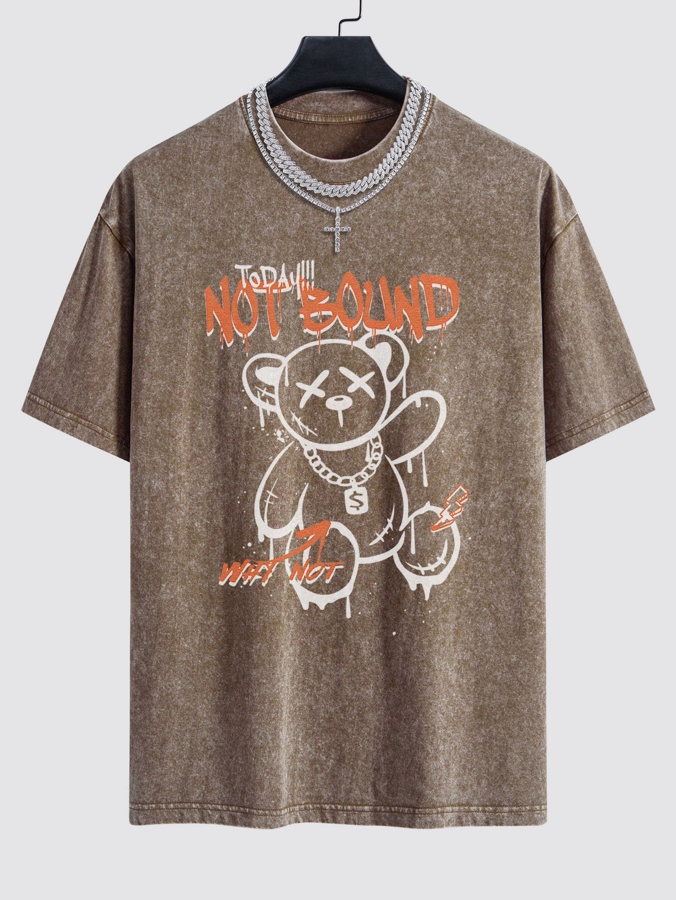 Slogan Graffiti Bear Print Washed Drop Shoulder Oversize T-Shirt