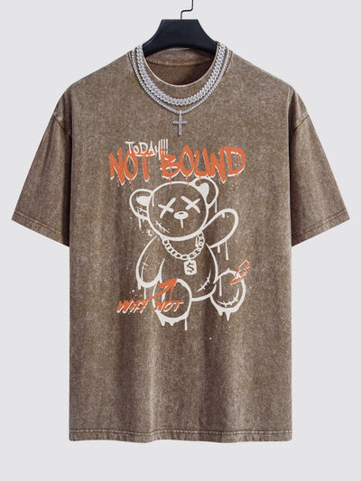 Slogan Graffiti Bear Print Washed Drop Shoulder Oversize T-Shirt
