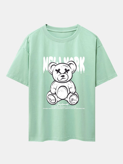 Slogan Bear Print Drop Shoulder Oversize T-Shirt