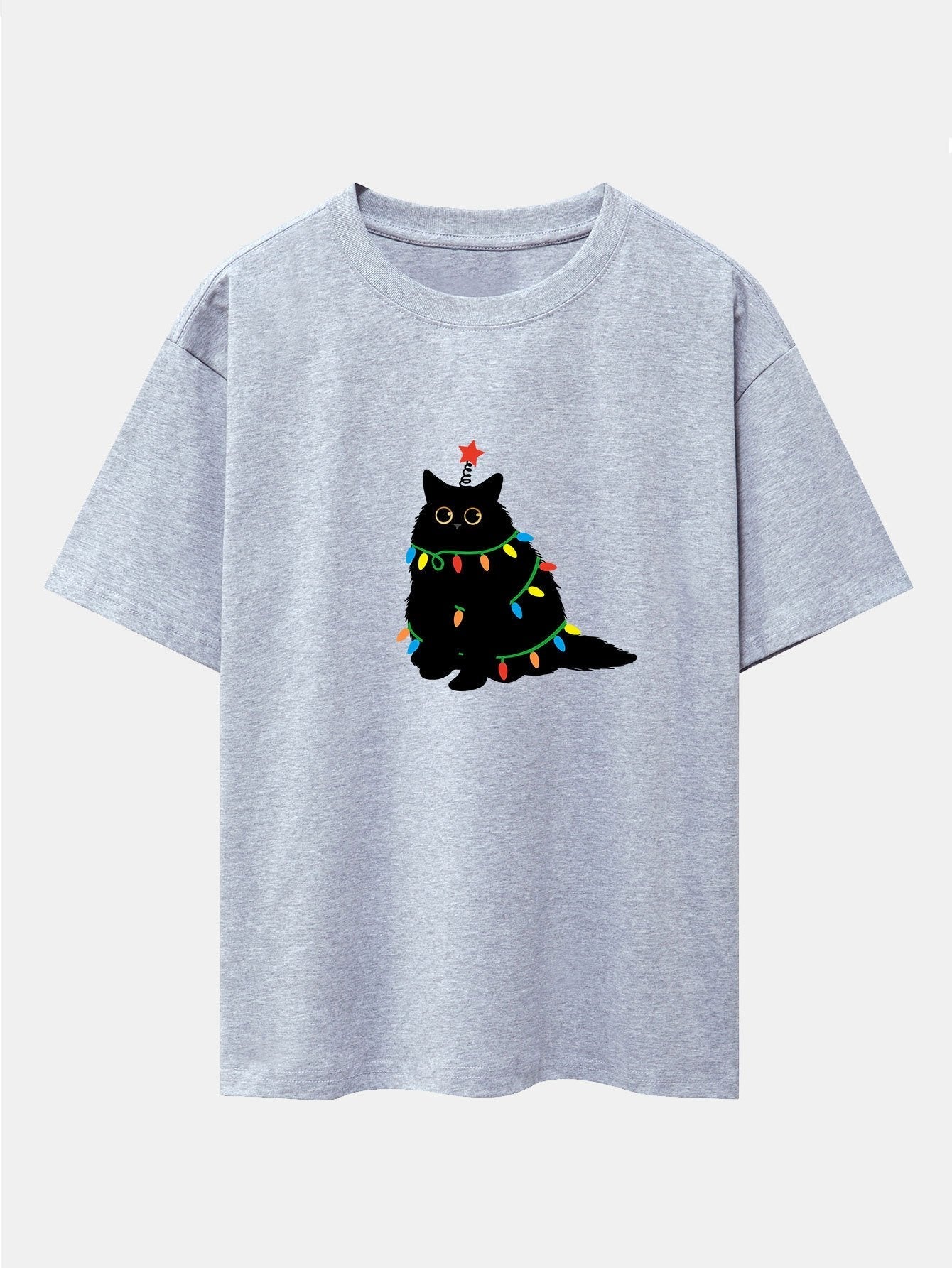 Christmas Lights Black Cat Print Drop Shoulder Oversize T-Shirt