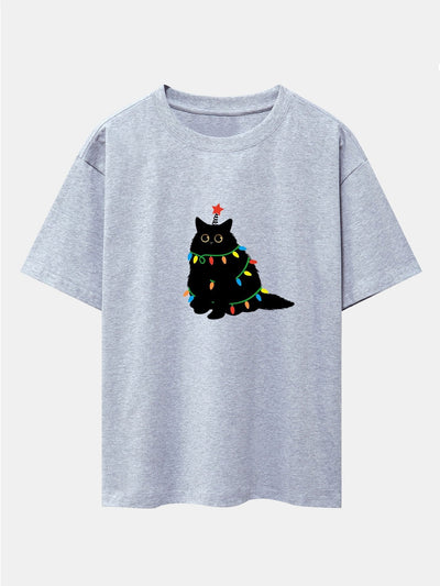 Christmas Lights Black Cat Print Drop Shoulder Oversize T-Shirt