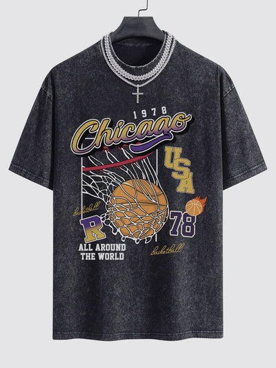 Chicago Basketball Print Washed Drop Shoulder Oversize T-Shirt