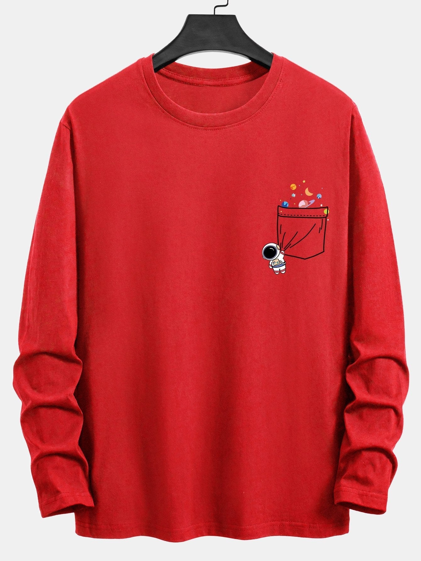 Long Sleeve Pocket Planet Astronaut Print Cotton T-Shirt