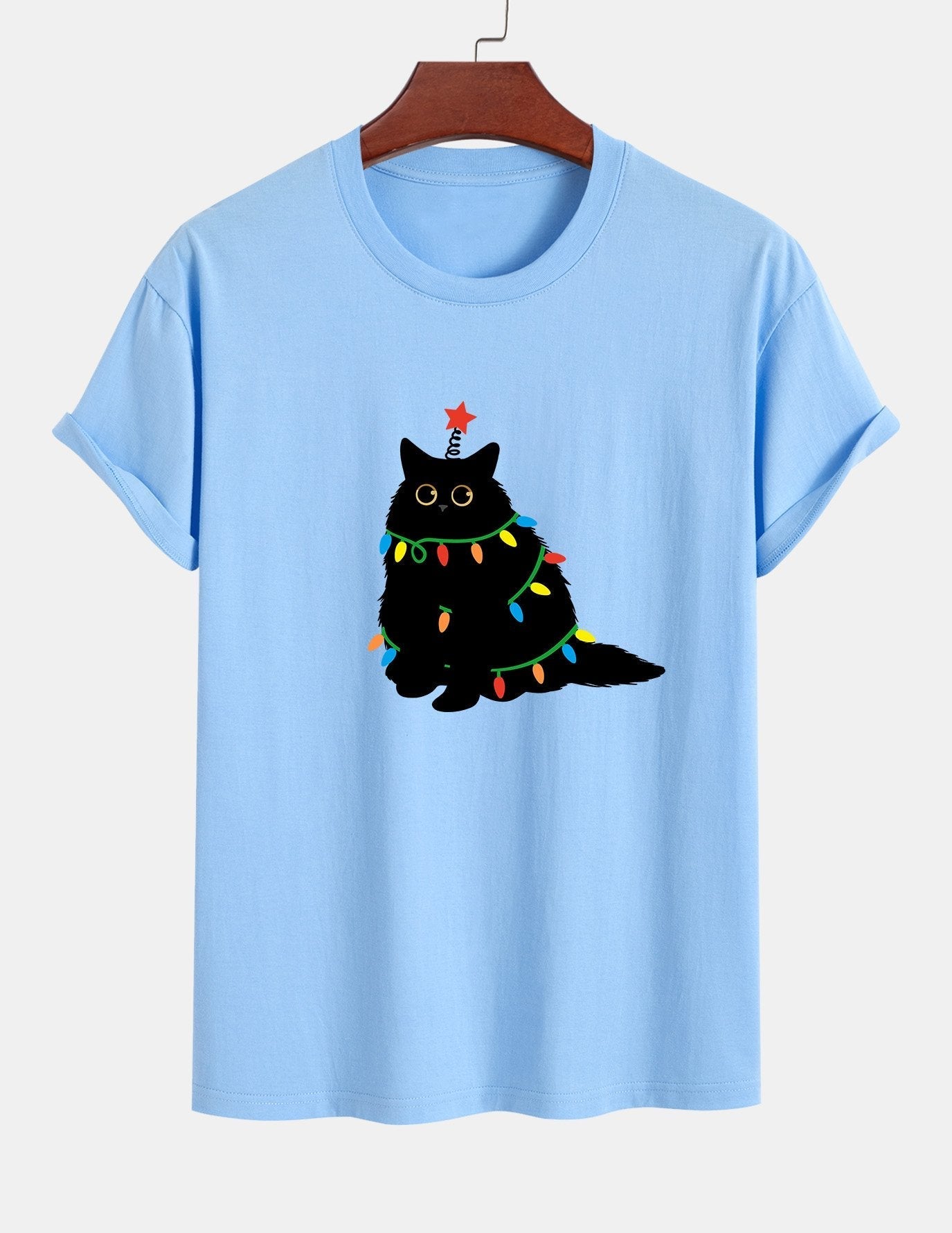 Regular Fit Colorful Light Black Cat Print Cotton T-Shirt