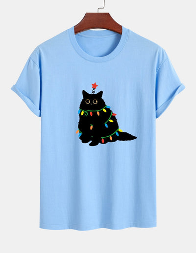 Regular Fit Colorful Light Black Cat Print Cotton T-Shirt