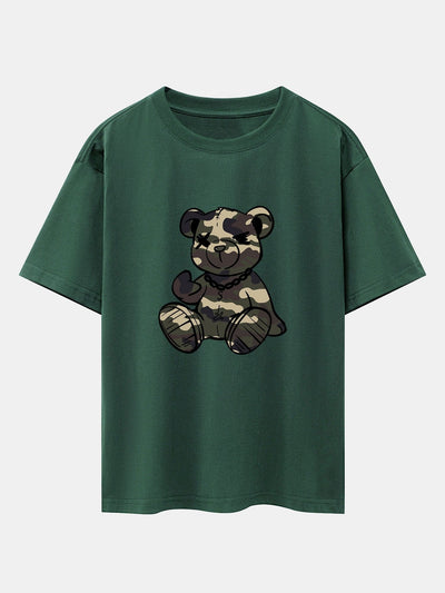 Camouflage Bear Print Drop Shoulder Oversize T-Shirt