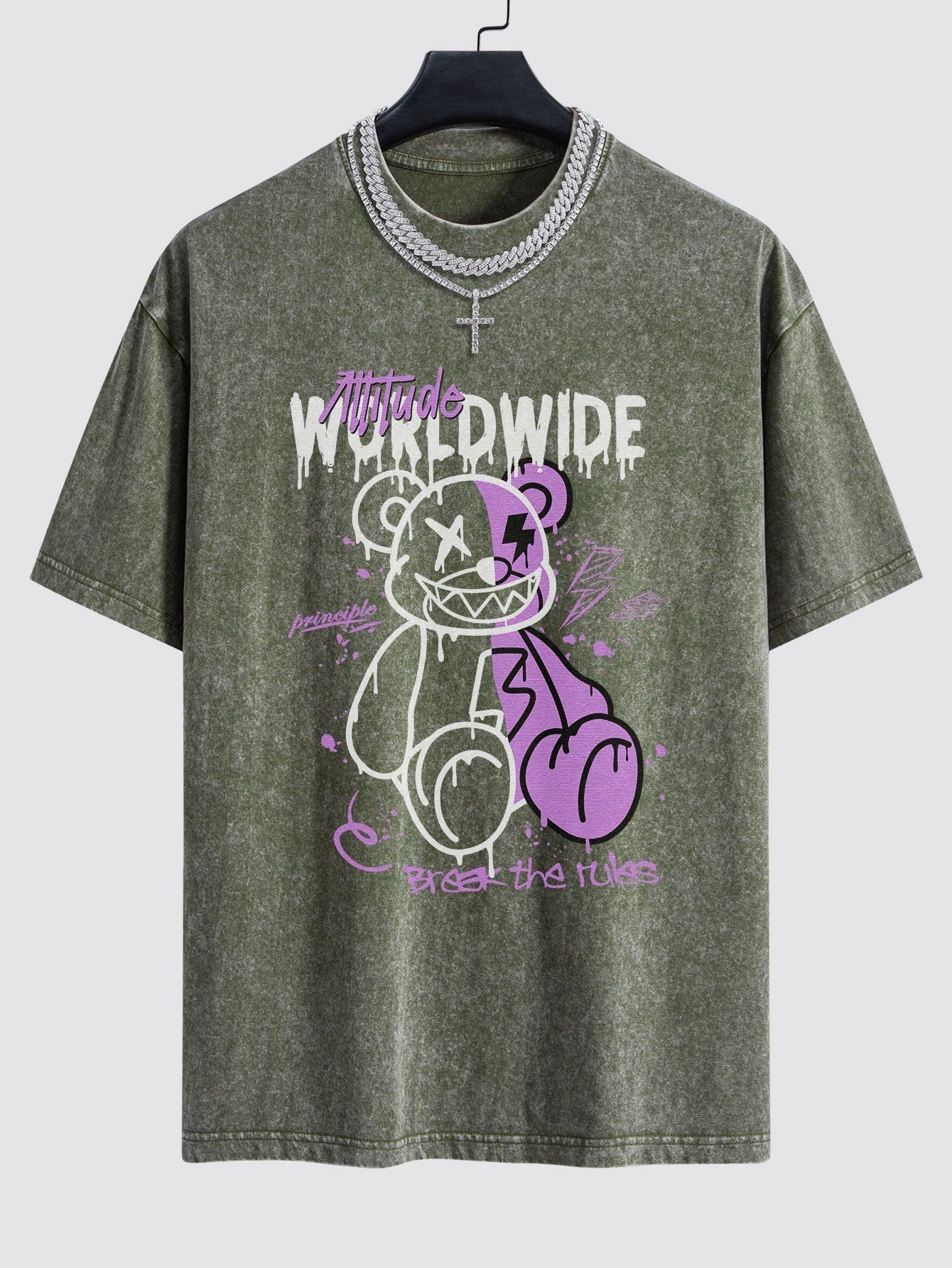 Dissolving Bear Print Washed Drop Shoulder Oversize T-Shirt