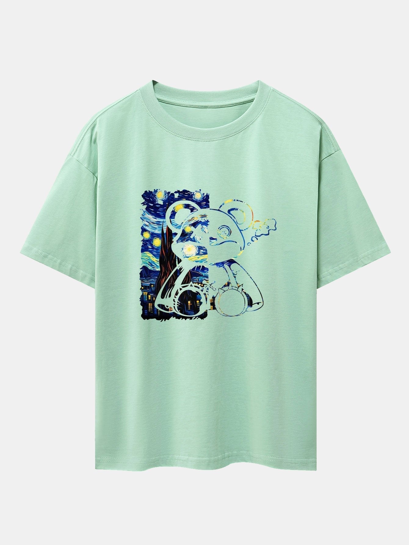 Starry Sky Bear Print Drop Shoulder Oversize T-Shirt