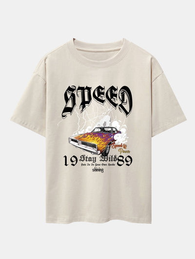Lightning Speed Car Print Drop Shoulder Oversize T-Shirt
