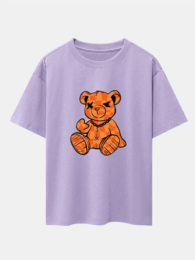 Orange Stitching Bear Print Drop Shoulder Oversize T-Shirt
