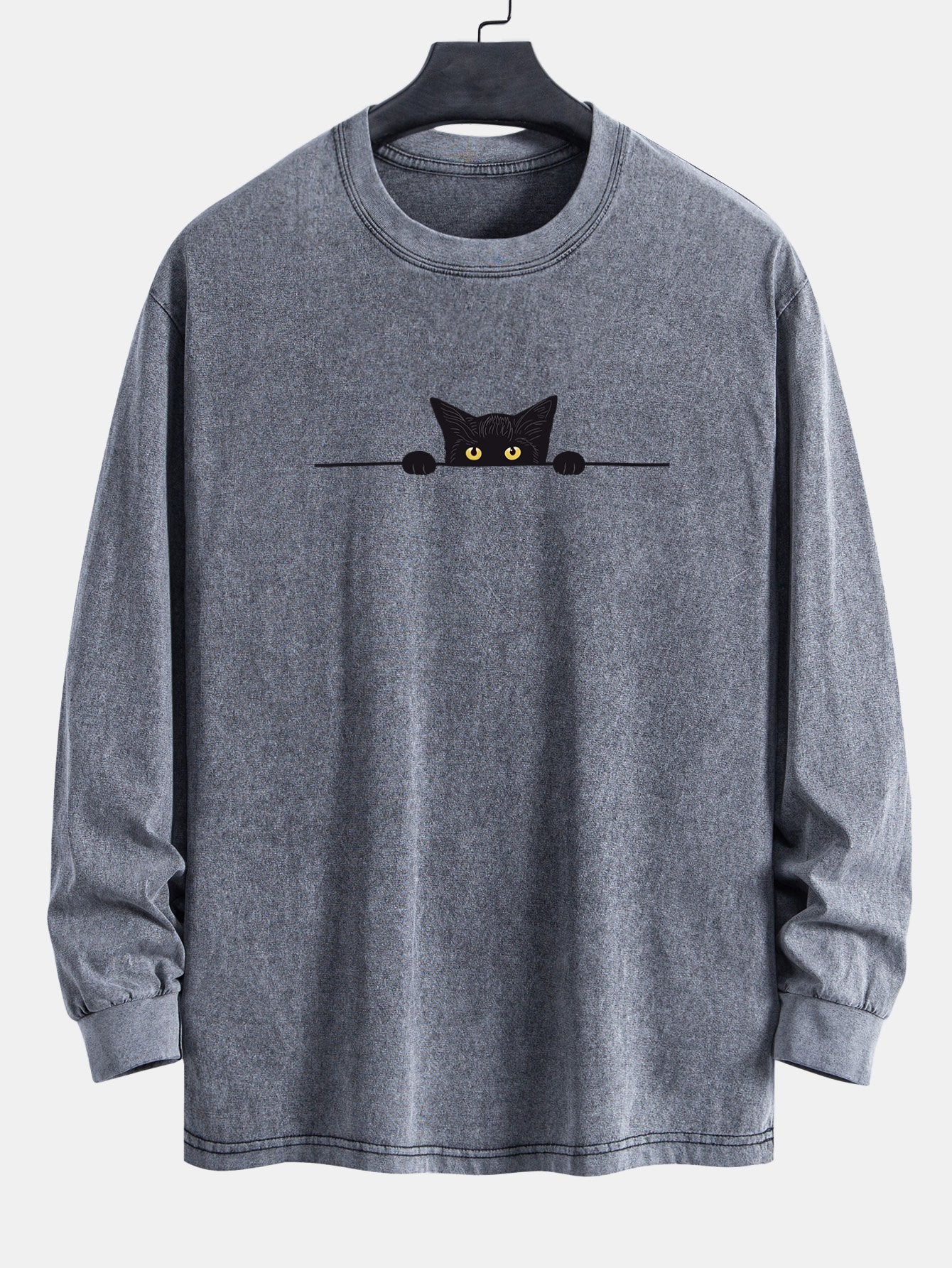 Black Cat Print Relax Fit Long Sleeve Washed Distressed T-Shirt