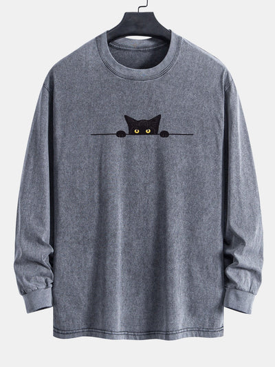 Black Cat Print Relax Fit Long Sleeve Washed Distressed T-Shirt