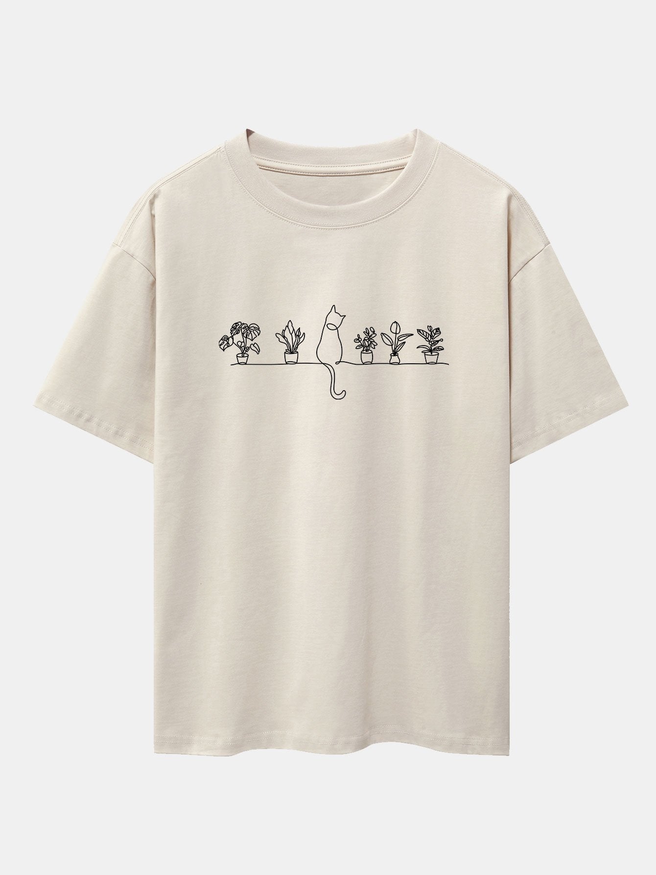 Cat Potted Plant Print Drop Shoulder Oversize T-Shirt