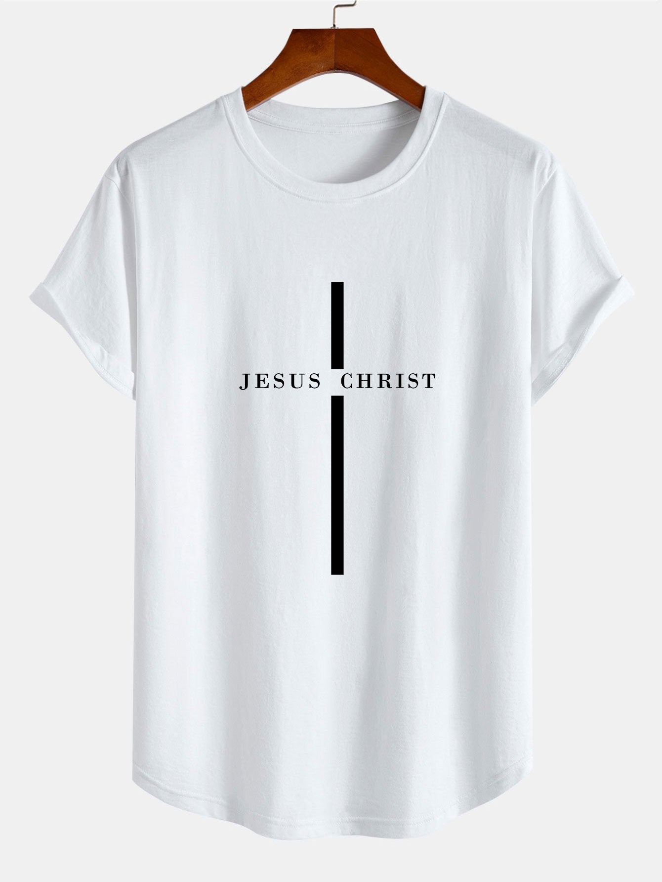 Jesus Christ Stripe Print Cotton Arc Hem T-Shirt