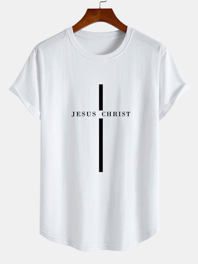 Jesus Christ Stripe Print Cotton Arc Hem T-Shirt