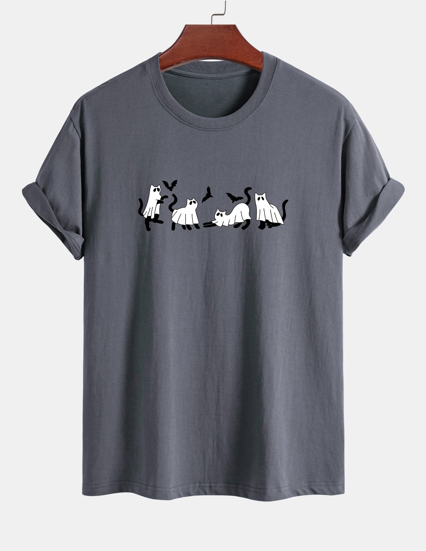 Regular Fit Black Cat Ghost Print Cotton T-Shirt