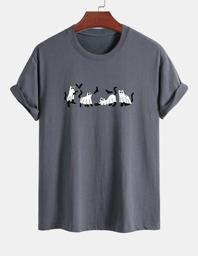 Regular Fit Black Cat Ghost Print Cotton T-Shirt