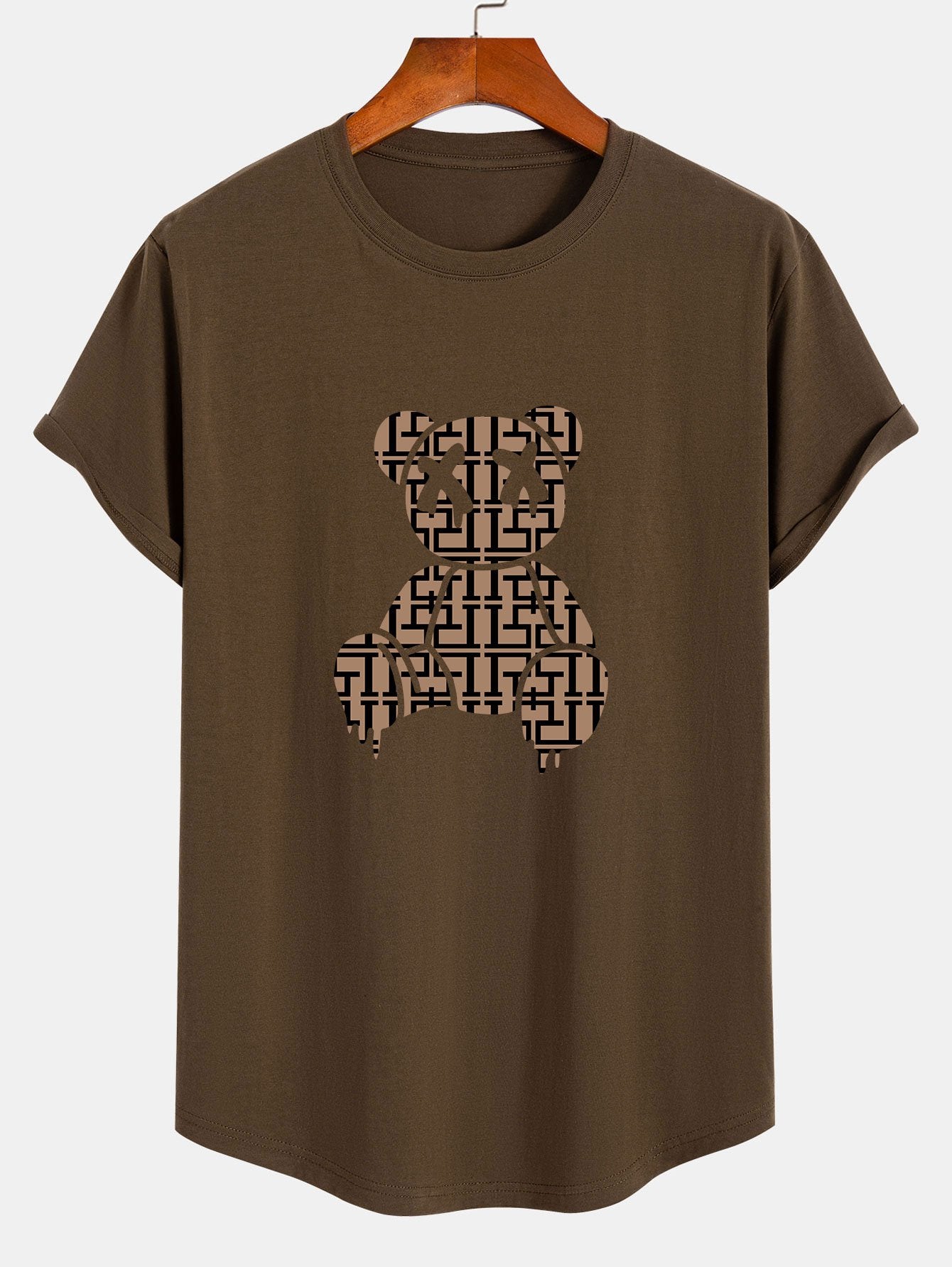 Geometric Dissolving Bear Print Cotton Arc Hem T-Shirt
