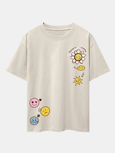 Sun And Flowers Print Drop Shoulder Oversize T-Shirt
