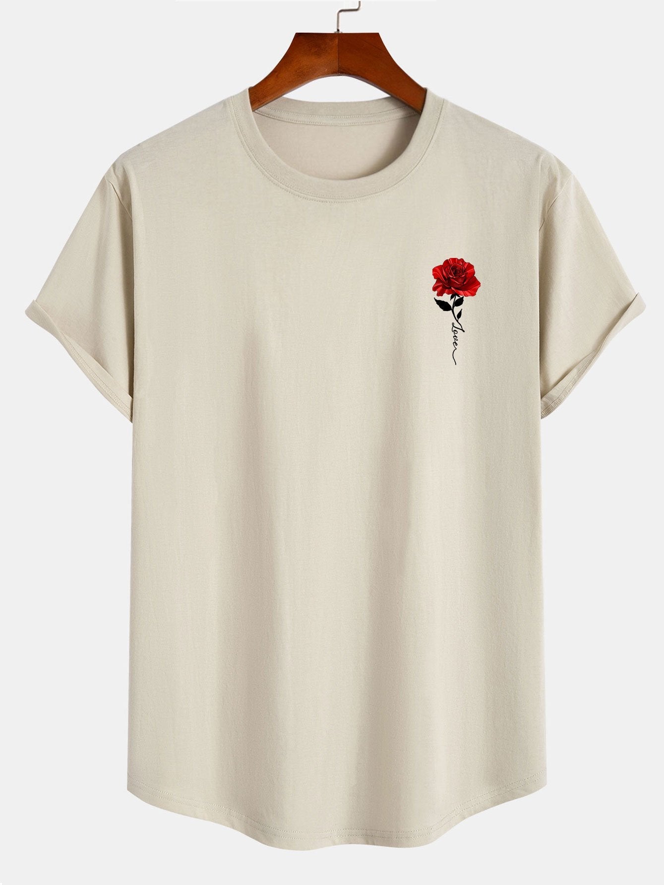 Rose Print Cotton Arc Hem T-Shirt