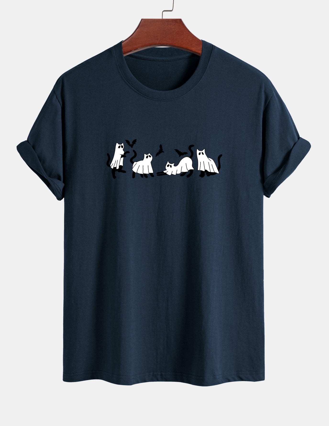 Regular Fit Black Cat Ghost Print Cotton T-Shirt