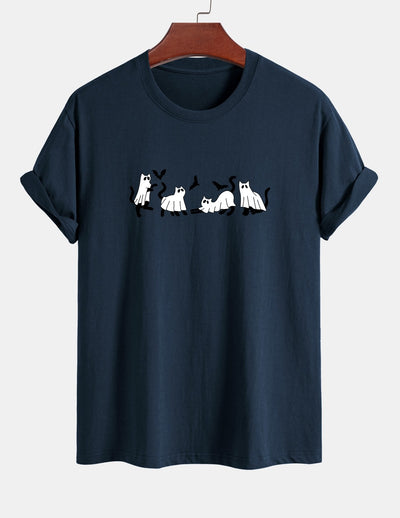 Regular Fit Black Cat Ghost Print Cotton T-Shirt