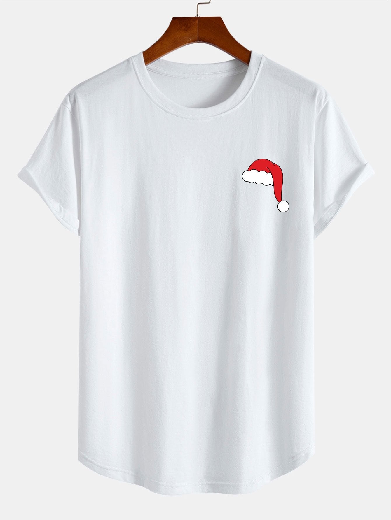 Santa Hat Print Cotton Arc Hem T-Shirt