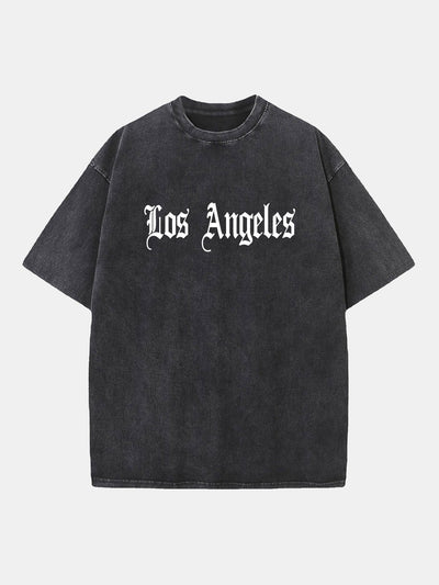 Los Angeles Gothic Print Washed Distressed Drop Shoulder T-Shirt