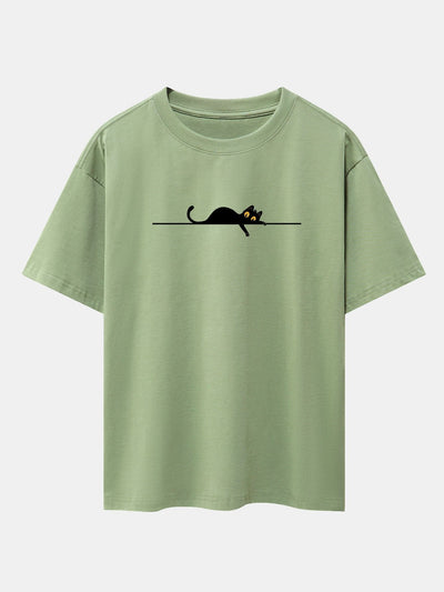 Black Cat Print Drop Shoulder Oversize T-Shirt