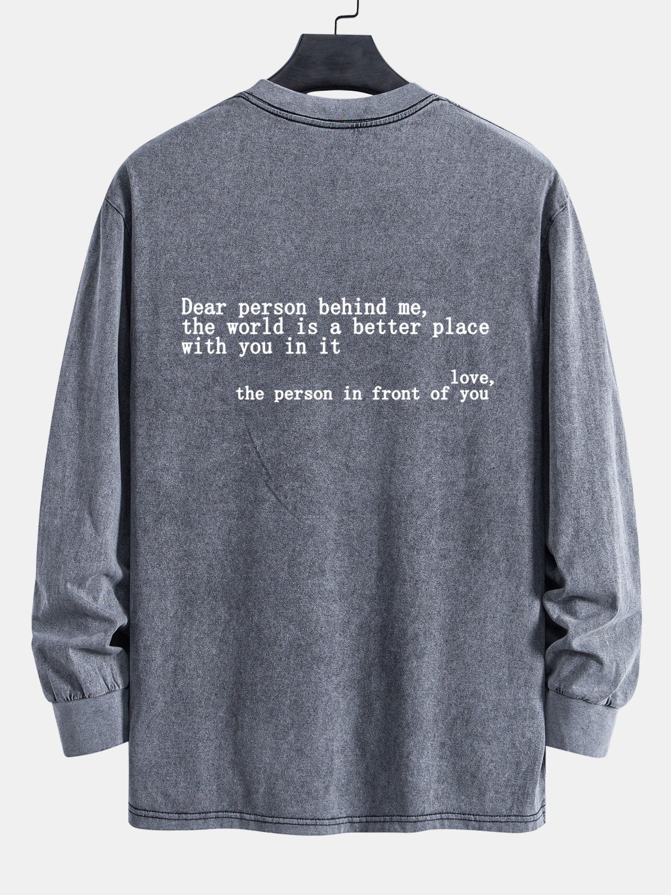 Slogan Print Relax Fit Long Sleeve Washed Distressed T-Shirt