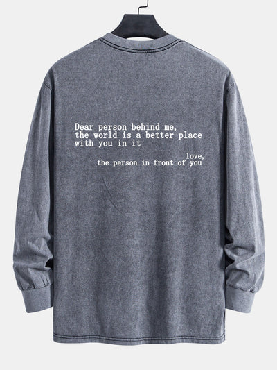 Slogan Print Relax Fit Long Sleeve Washed Distressed T-Shirt
