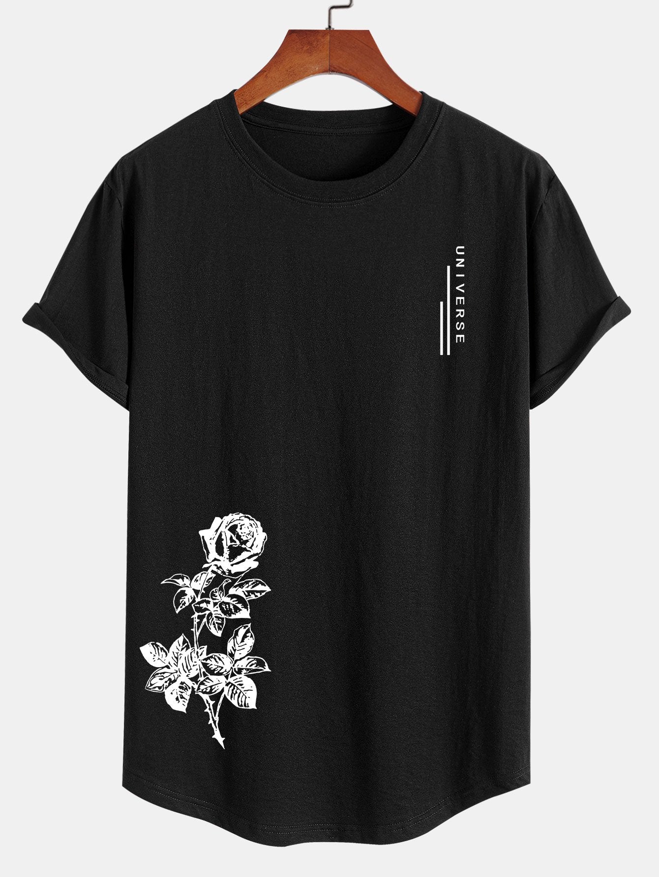 Flower Slogan Print Cotton Arc Hem T-Shirt