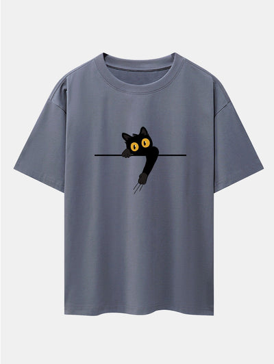 Black Cat Print Drop Shoulder Oversize T-Shirt