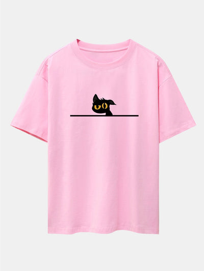 Black Cat In Doubt Print Drop Shoulder Oversize T-Shirt