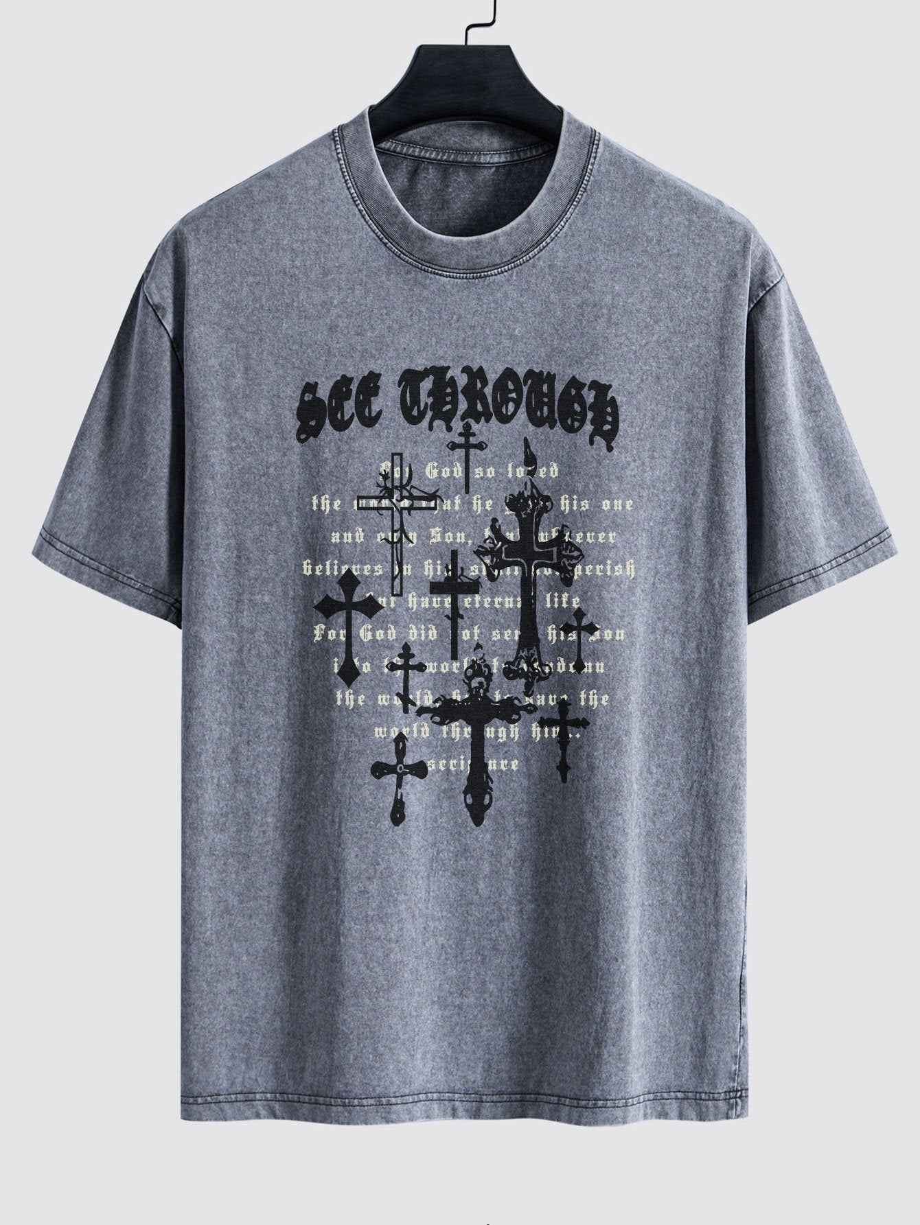 Cross Slogan Print Washed Distressed Drop Shoulder T-Shirt