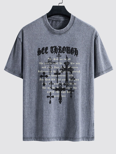 Cross Slogan Print Washed Distressed Drop Shoulder T-Shirt
