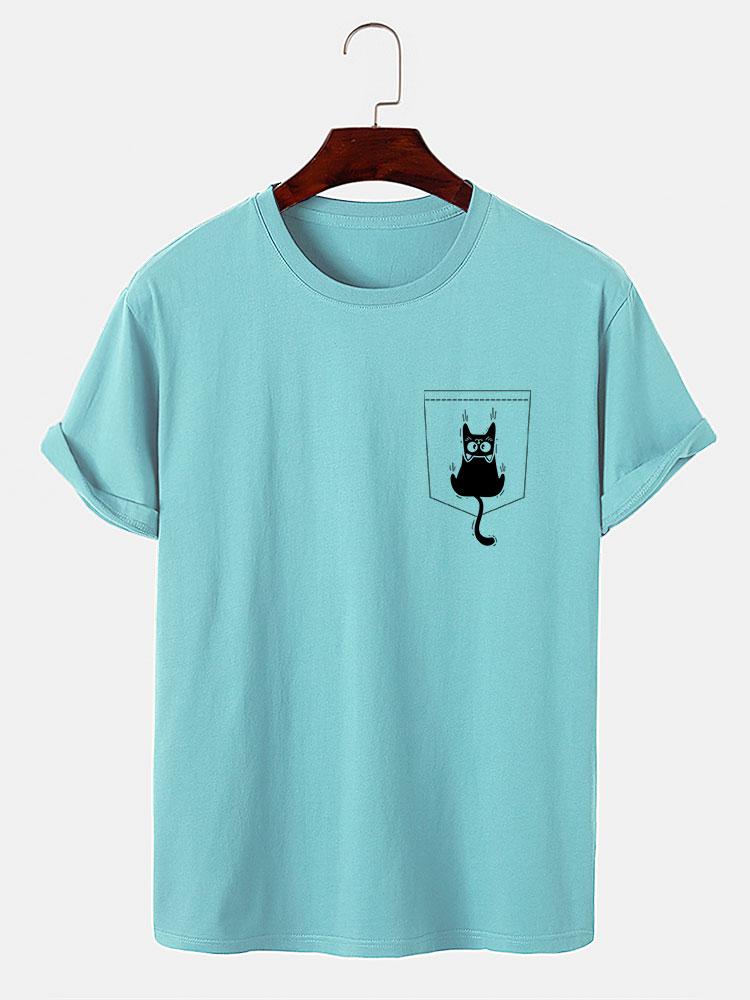 Cat Slipping Out Of Pocket Print T-Shirt
