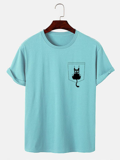 Cat Slipping Out Of Pocket Print T-Shirt