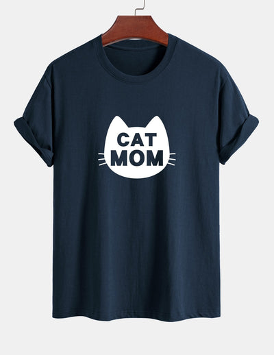 Regular Fit Cat Mom Print Cotton T-Shirt